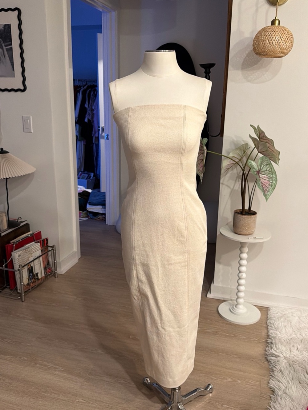 7 For All Mankind Strapless Cream Midi Sheath Dress